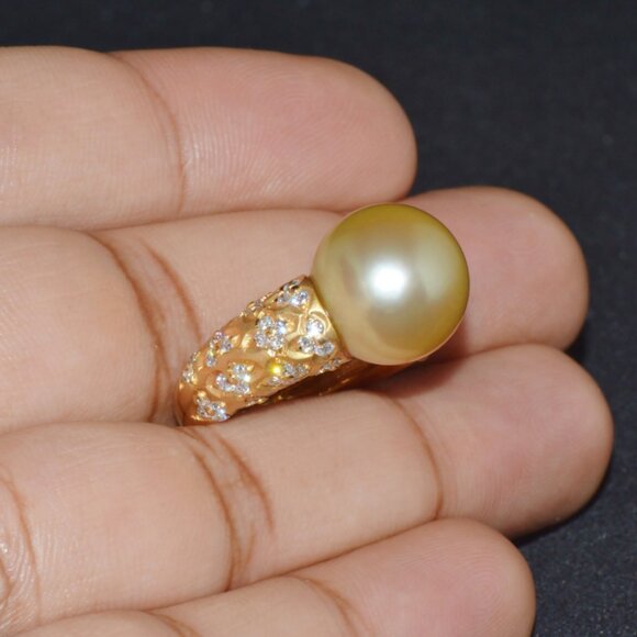 Certified Natural 1.31Cts VS F Diamond 13MM South Sea Pearl 18K Solid Gold Ring - Picture 3 of 10